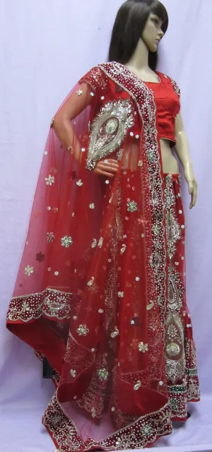 Lehenga 7458 Red Net Indian Trousseau Bridal Wear Medium Lehenga Choli