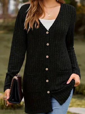 Stylish Plus Size Ribbed Knit Cardigan with Pockets