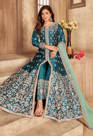 Art Silk Teal Blue Front Slit Designer Anarkali Suit