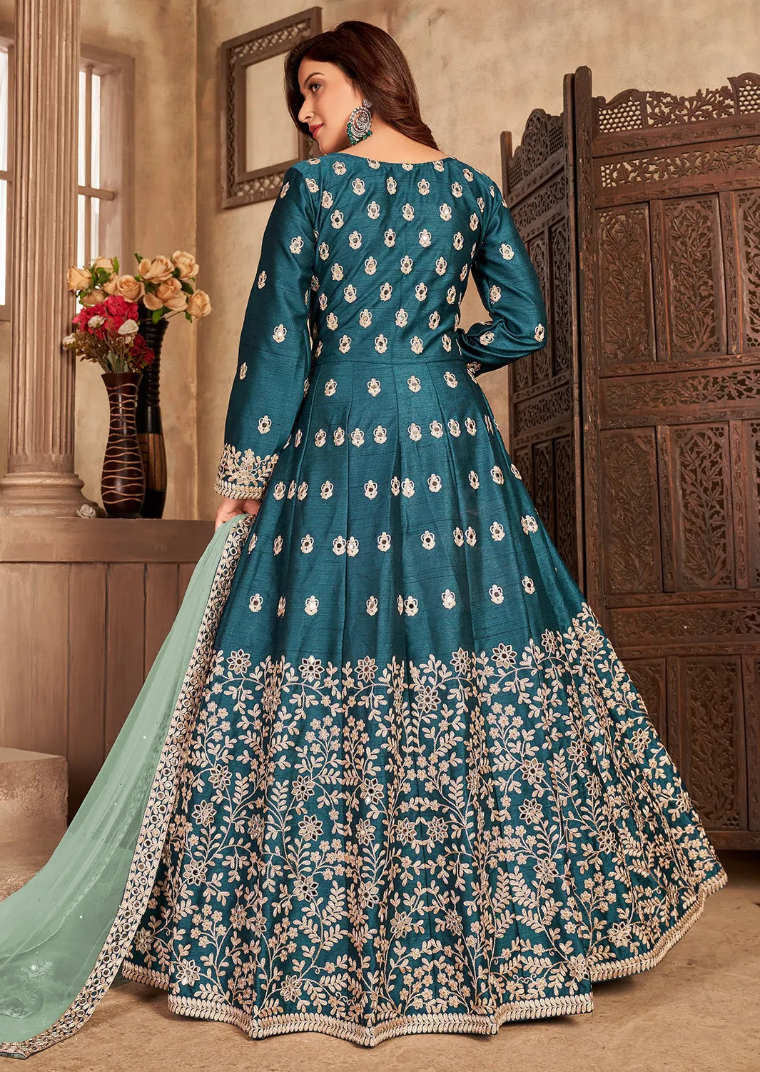 Art Silk Teal Blue Front Slit Designer Anarkali Suit