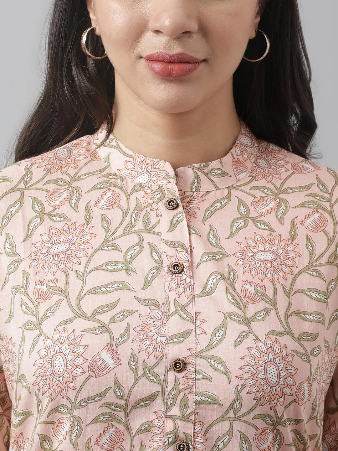 Baby Pink & Green Floral Printed Straight Kurta