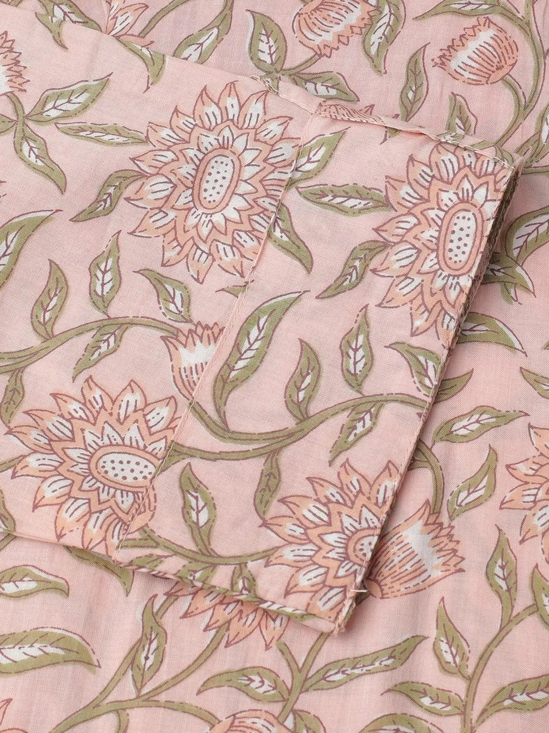 Baby Pink & Green Floral Printed Straight Kurta