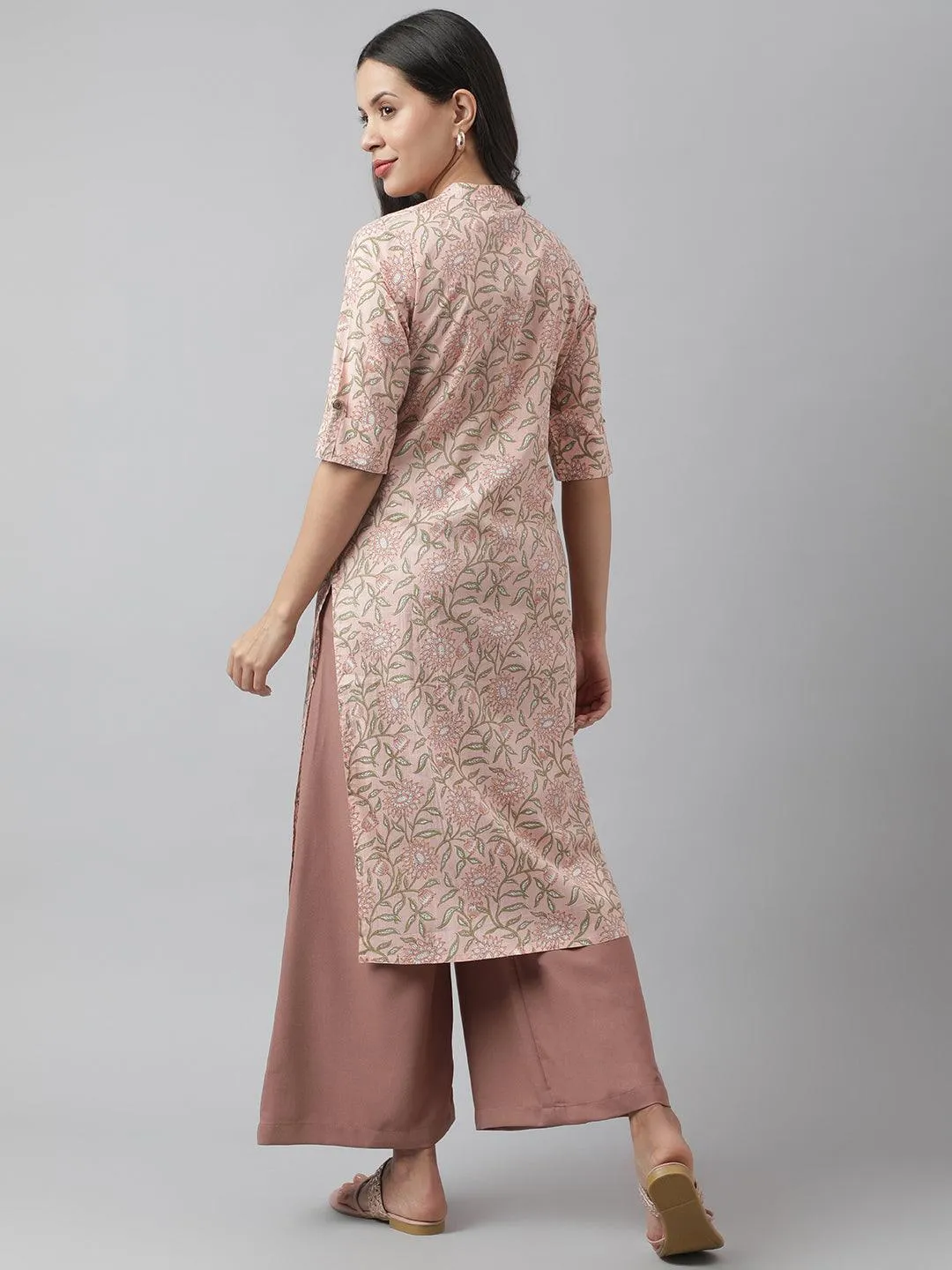 Baby Pink & Green Floral Printed Straight Kurta