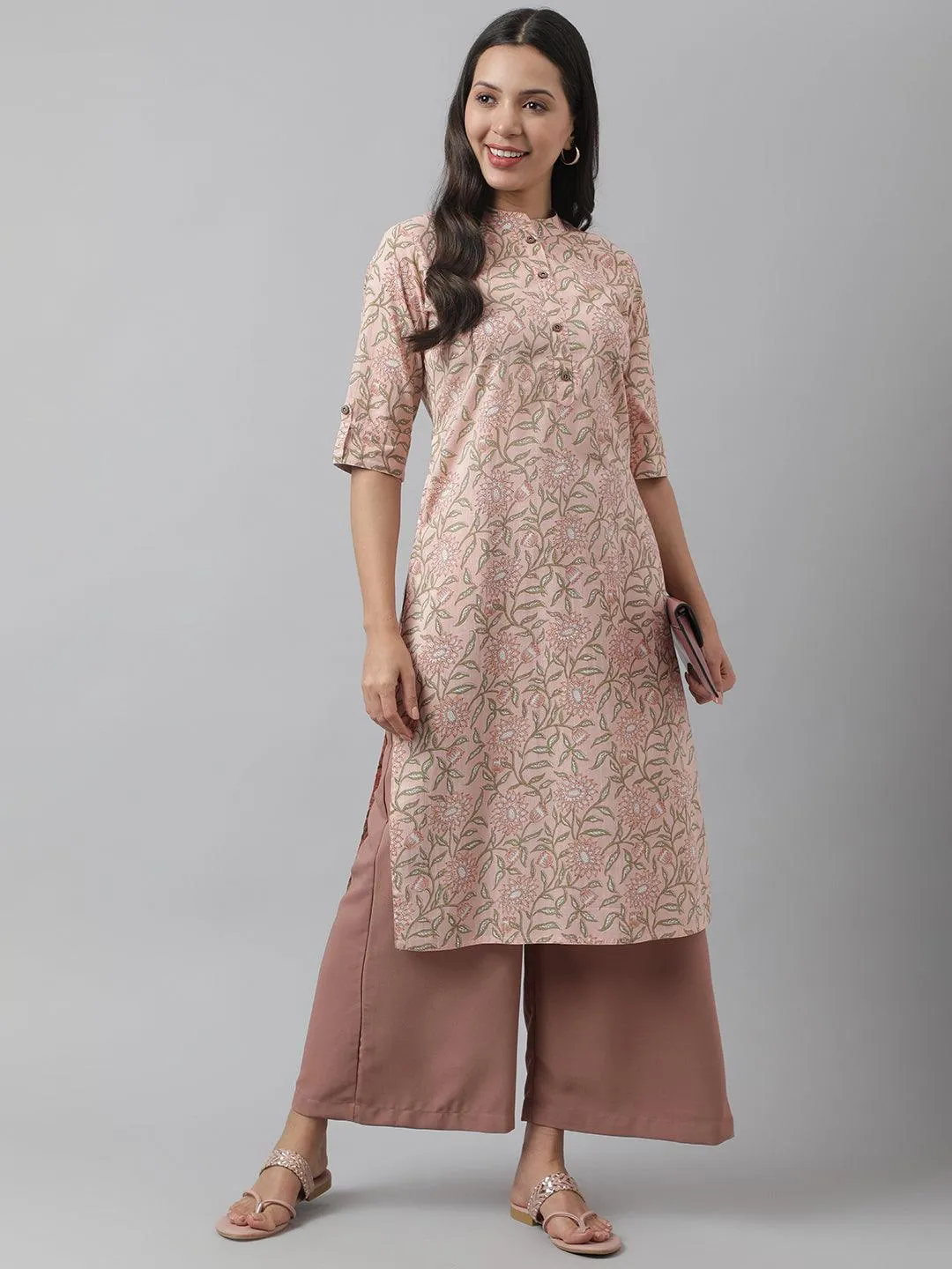 Baby Pink & Green Floral Printed Straight Kurta