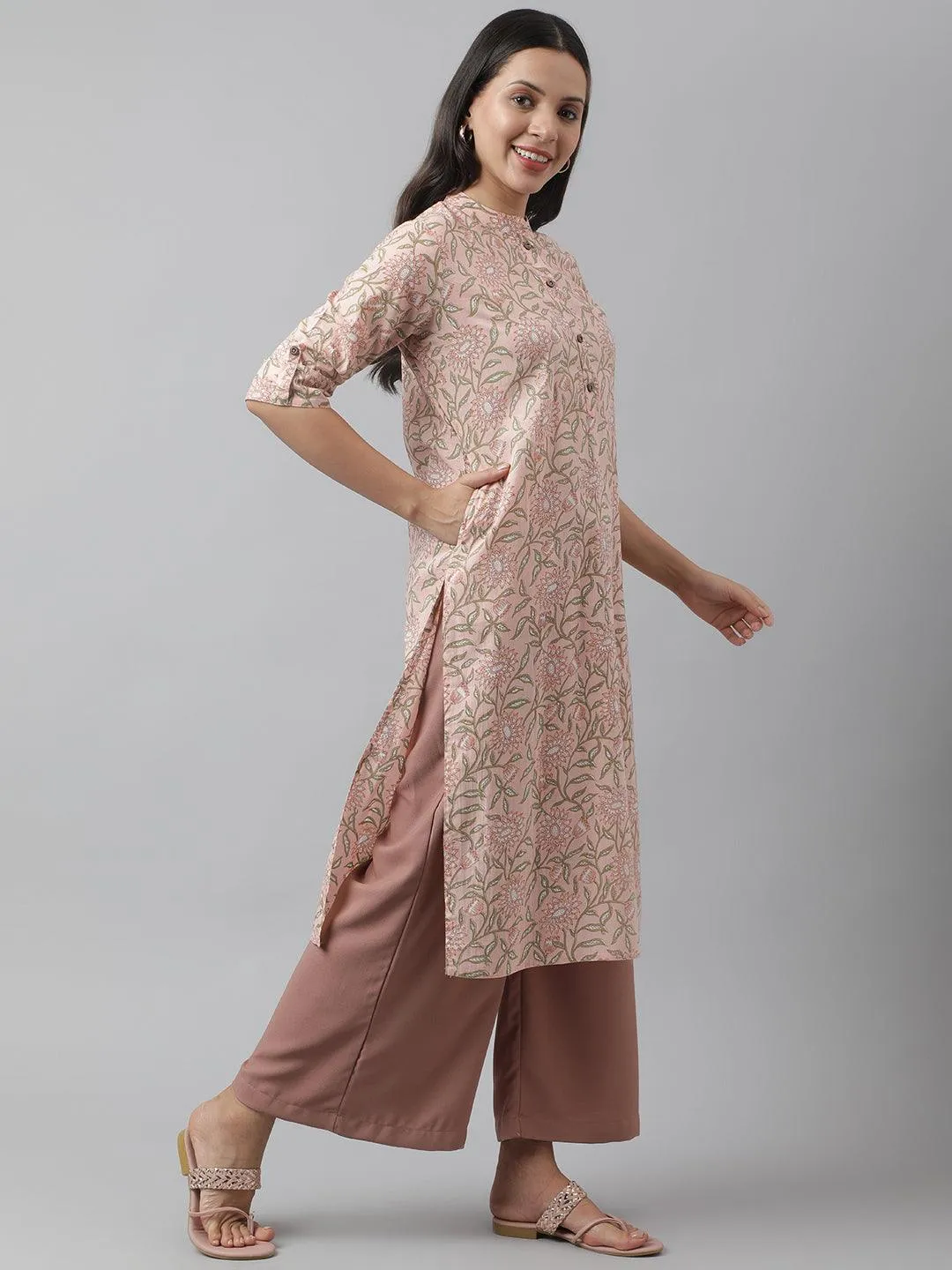 Baby Pink & Green Floral Printed Straight Kurta