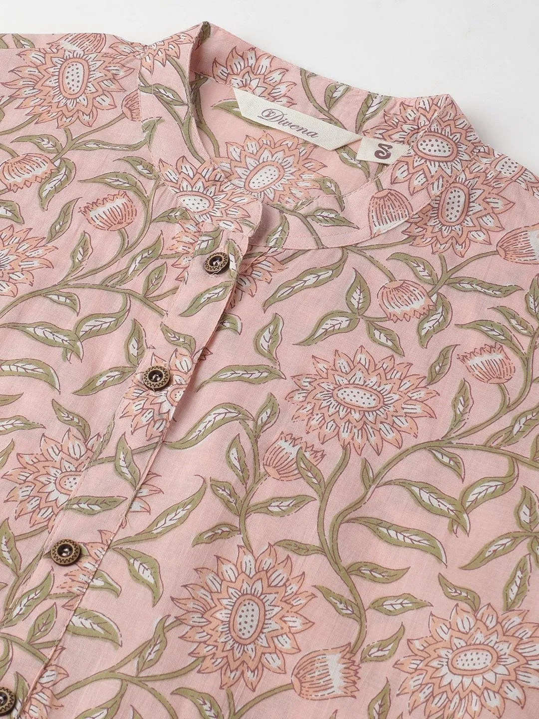 Baby Pink & Green Floral Printed Straight Kurta