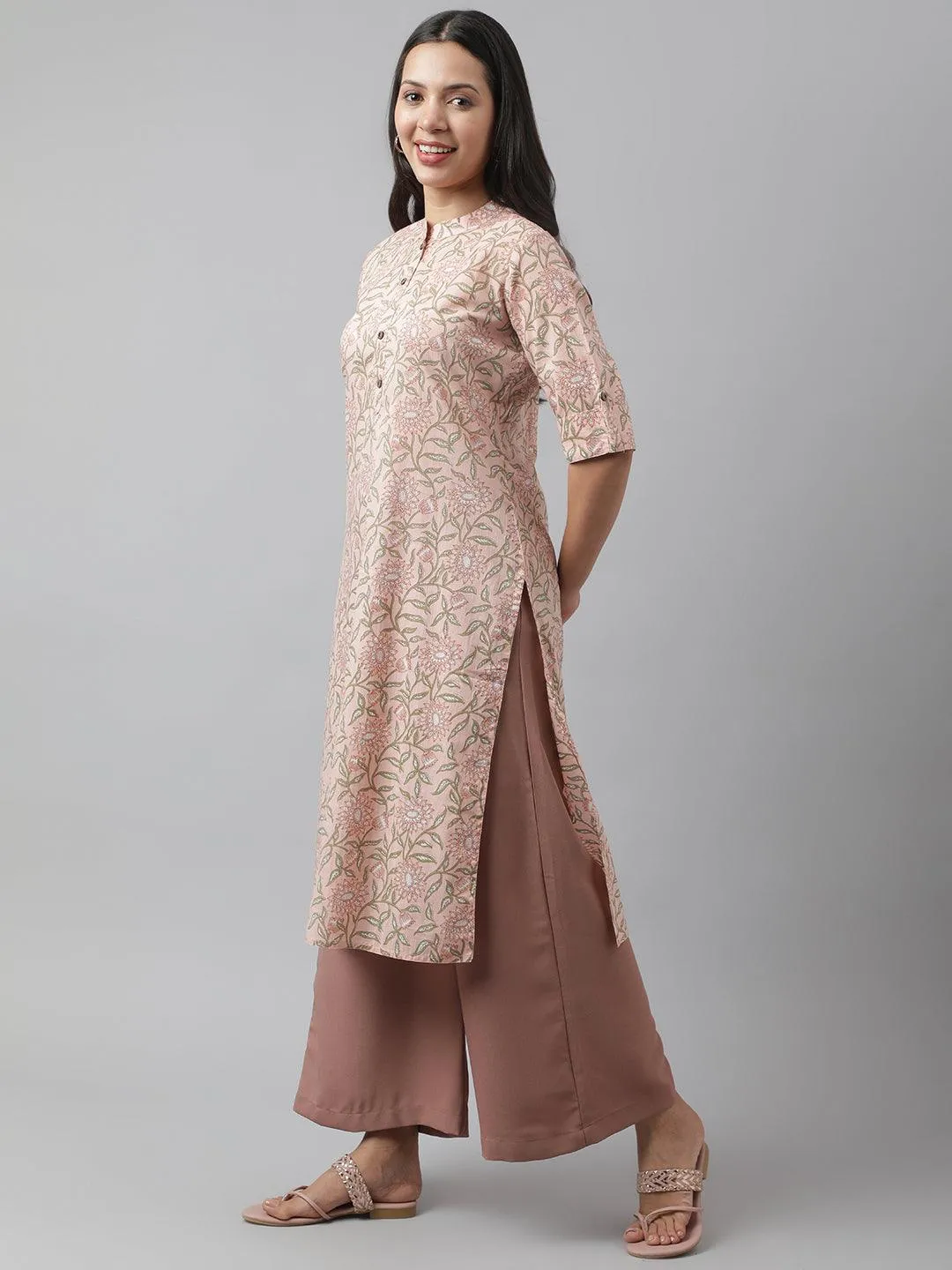 Baby Pink & Green Floral Printed Straight Kurta