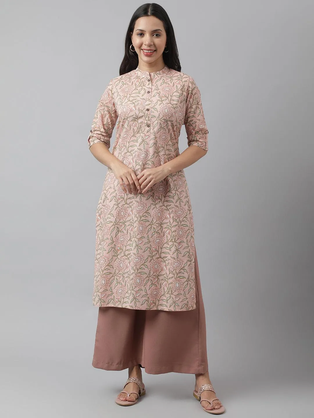 Baby Pink & Green Floral Printed Straight Kurta