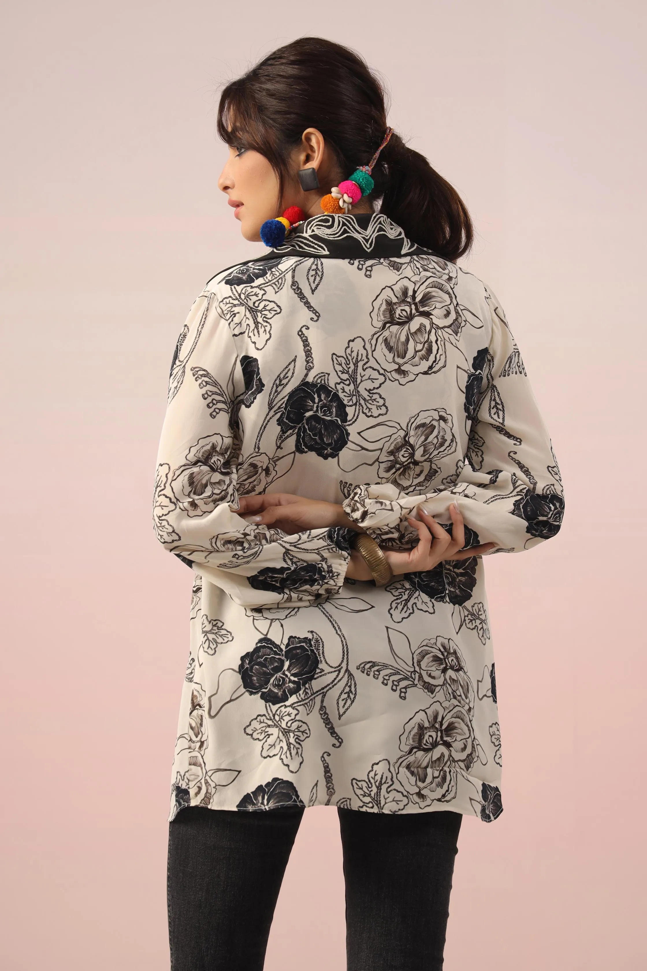 Black & White Floral Printed Crepe Silk Short Top