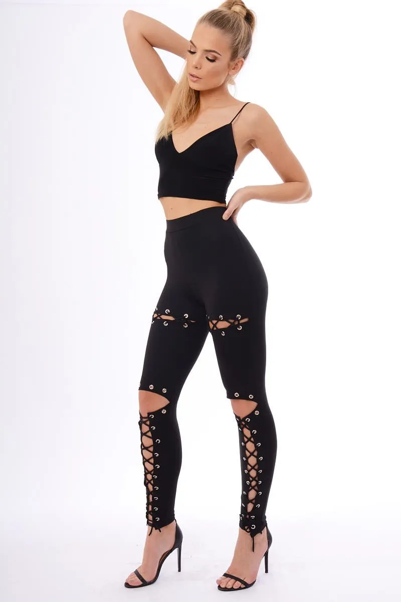 Black Lace Up Front Leggings - Hattie