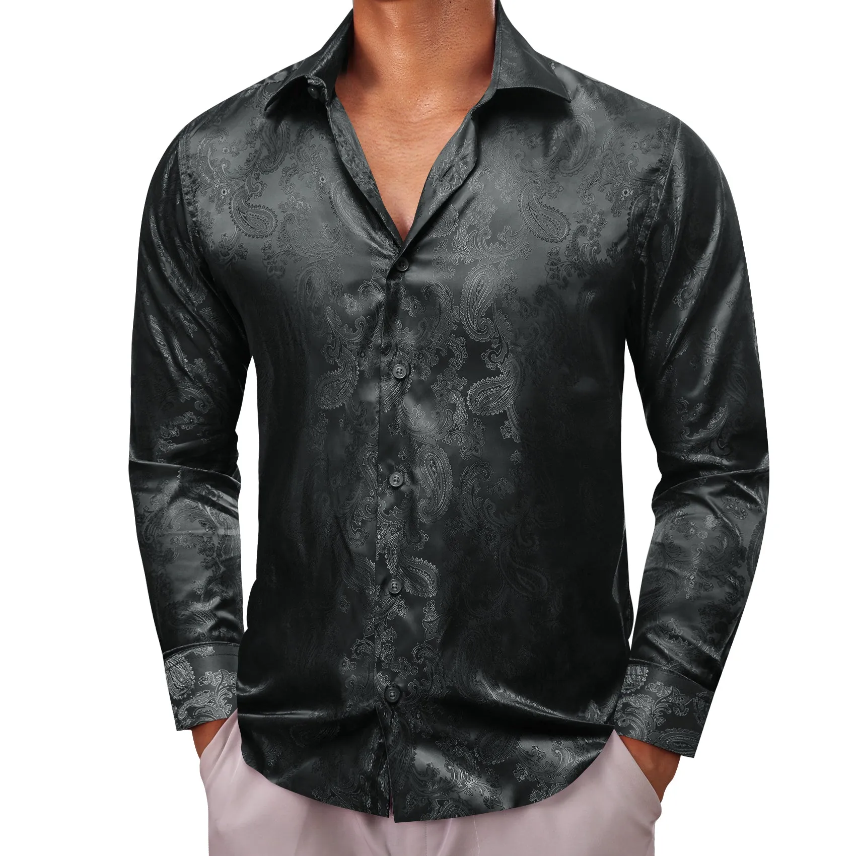 Black Paisley Style Casual Silk Men's Long Sleeve Button Shirt