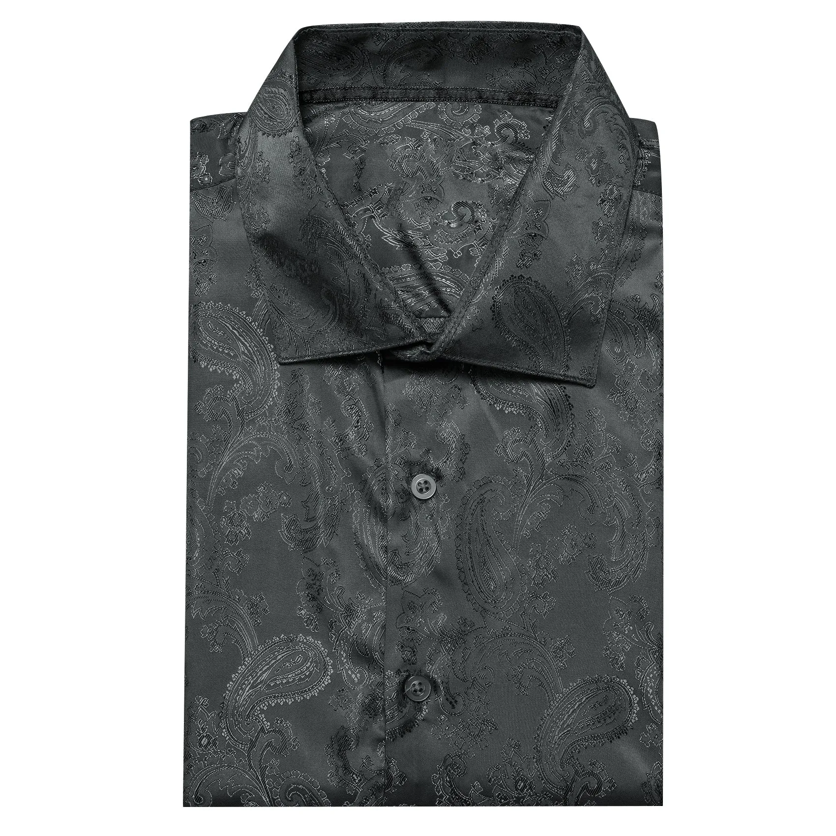 Black Paisley Style Casual Silk Men's Long Sleeve Button Shirt