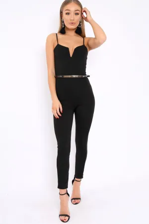 Black V- Plunge Gold Belt Jumpsuit -Izela