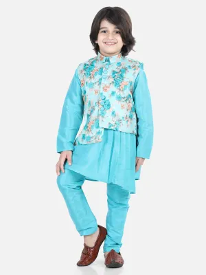 Boys Ethnic Festive Wear Assymetric Kurta Pajama with Floral Printed Jacket-Blue