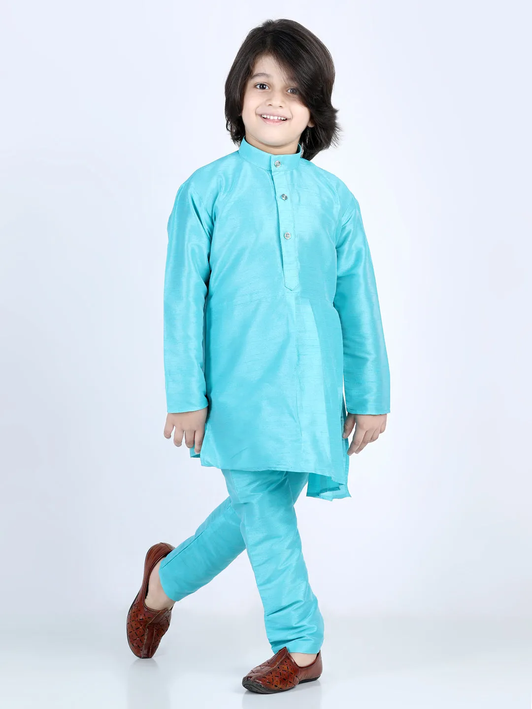 Boys Ethnic Festive Wear Assymetric Kurta Pajama with Floral Printed Jacket-Blue