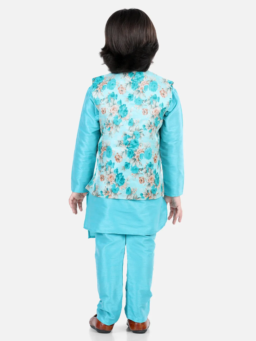 Boys Ethnic Festive Wear Assymetric Kurta Pajama with Floral Printed Jacket-Blue