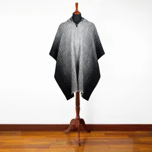 Changaimina - Llama Wool Unisex South American Handwoven Hooded Poncho - gray thin striped pattern