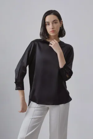 Cute Black Round Neck Silky Blouse