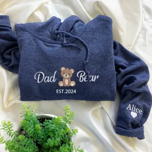 Dad Bear Sweatshirt or Hoodie, Embroidered Gift with Est Year, Kids Names on Sleeve