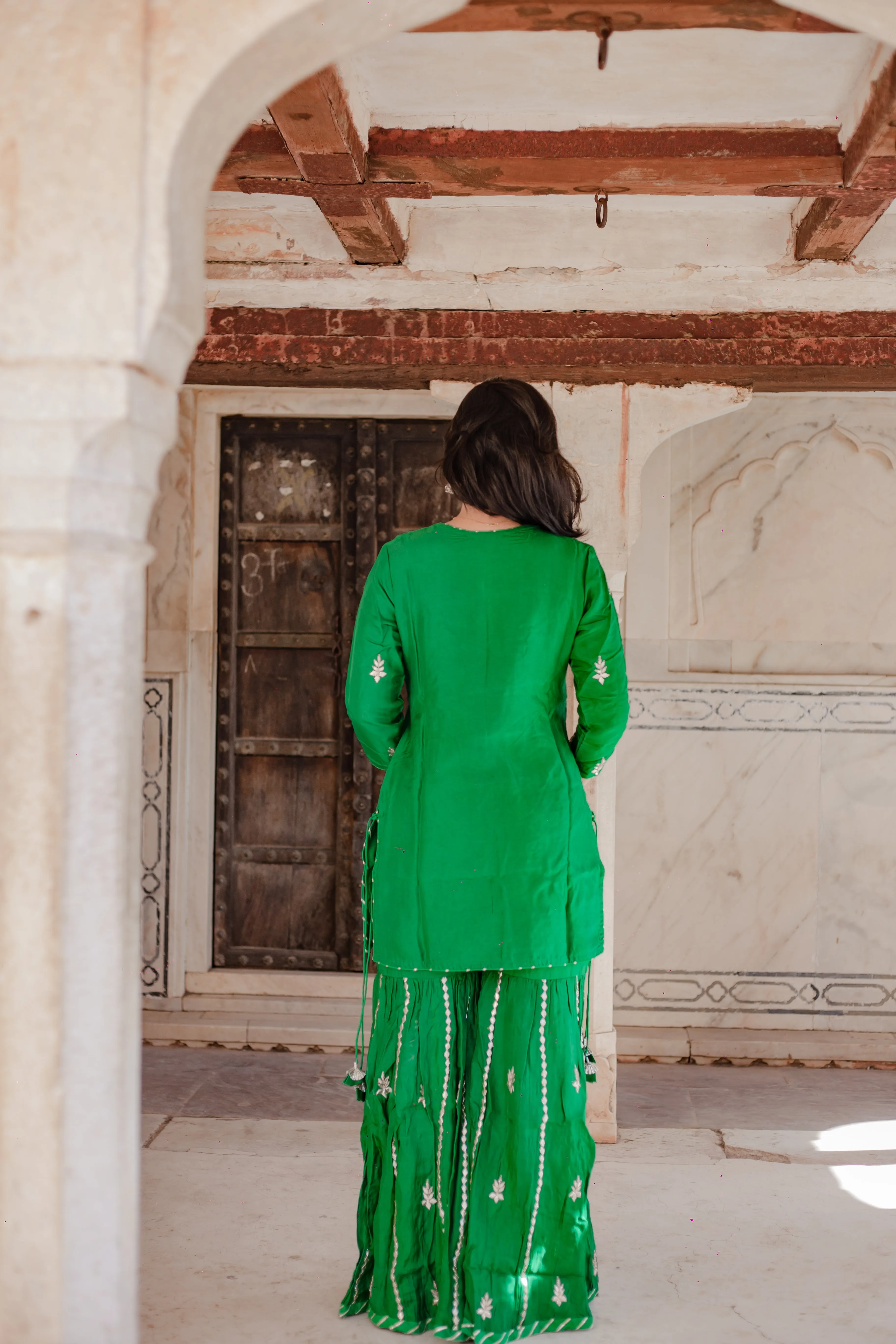 Dark Green Russian Silk Hand Embroidery Kurta Sharara With Organza Dupatta
