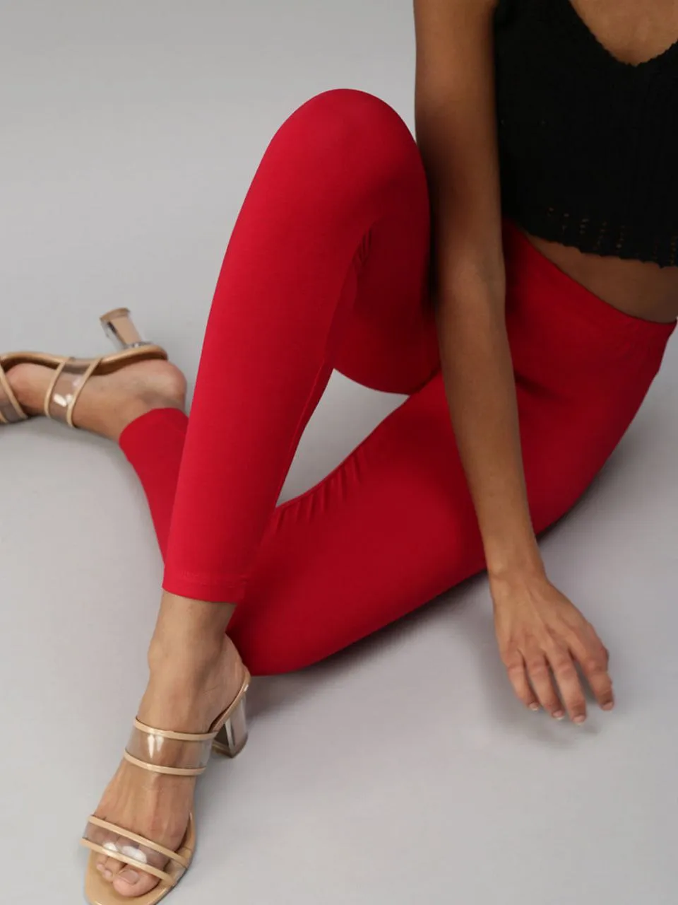 Delightful Premium Stretchable Cotton Fabric Apple Red Colored Leggings For Women