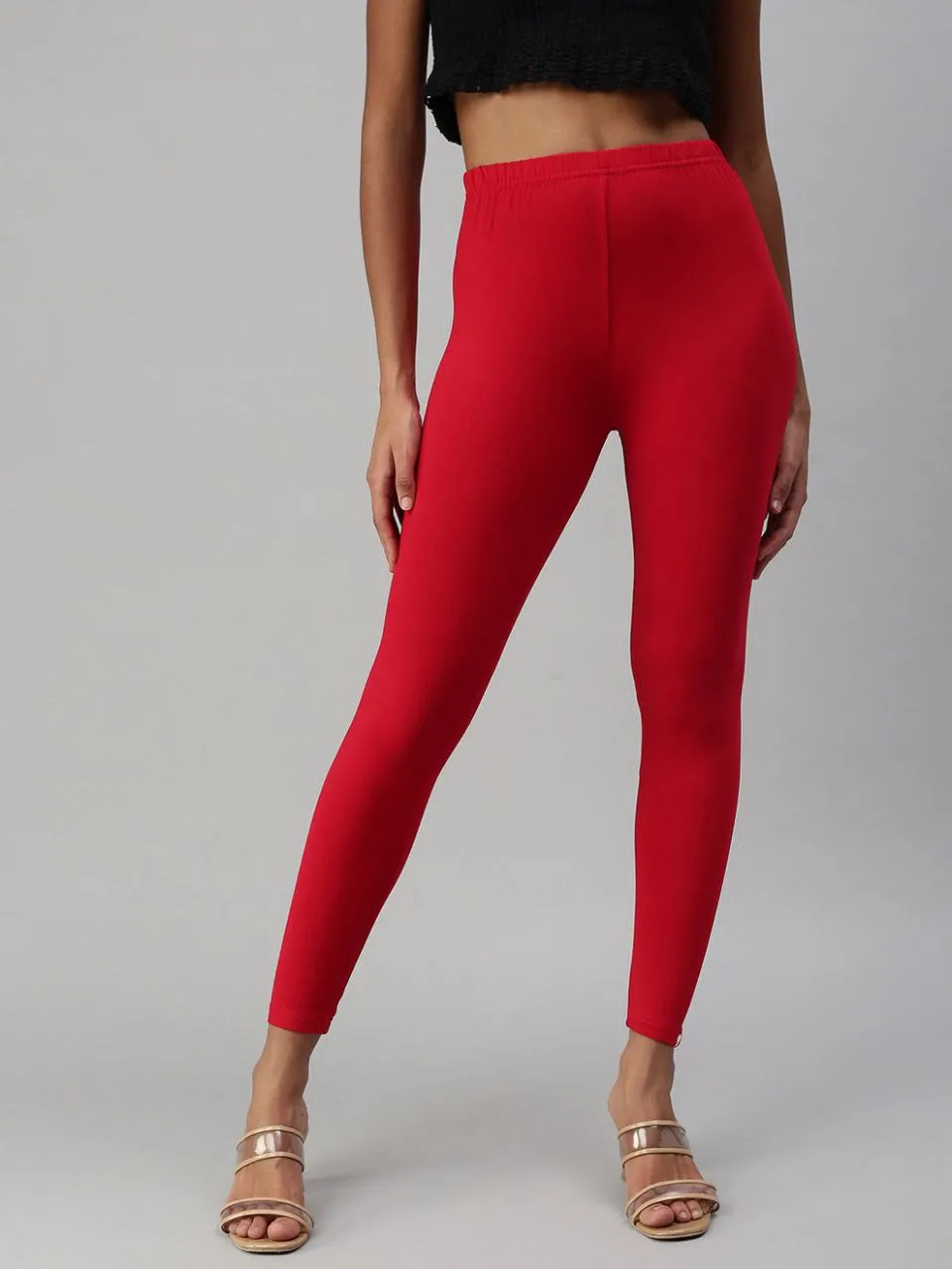 Delightful Premium Stretchable Cotton Fabric Apple Red Colored Leggings For Women