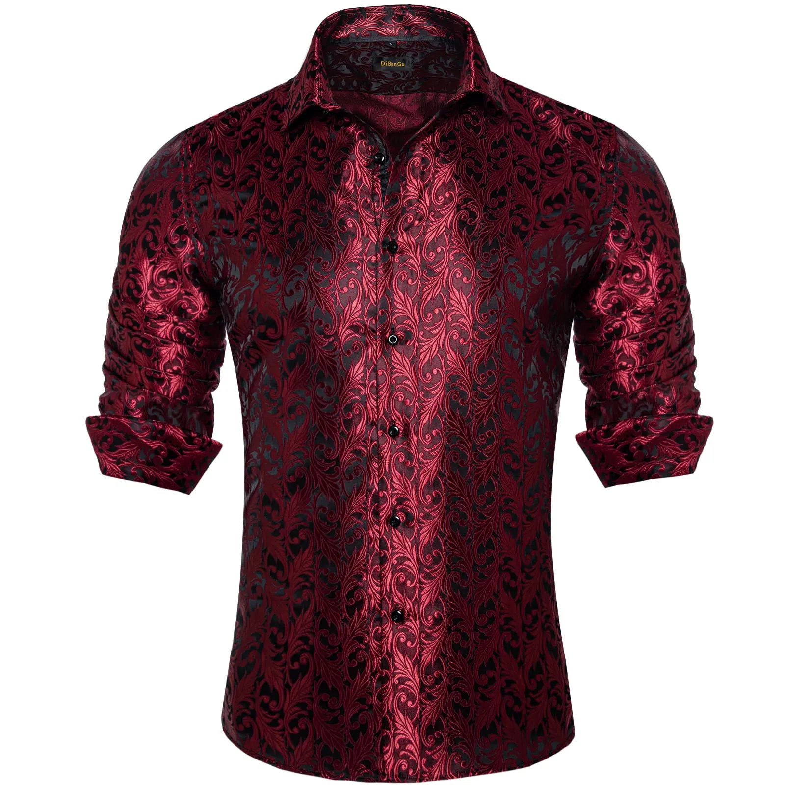 DiBanGu Tuxedo Shirt Burgundy Red Floral Silk Button Down Men's Dress Shirt