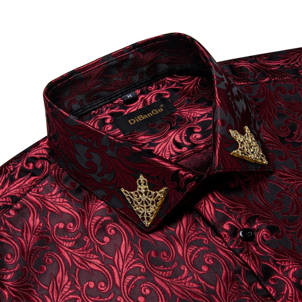 DiBanGu Tuxedo Shirt Burgundy Red Floral Silk Button Down Men's Dress Shirt