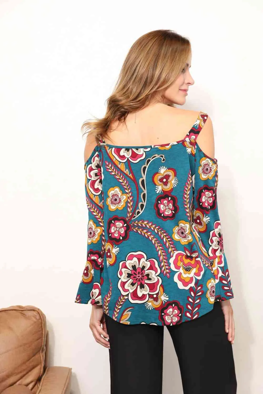 Full Size Floral Cold Shoulder Blouse