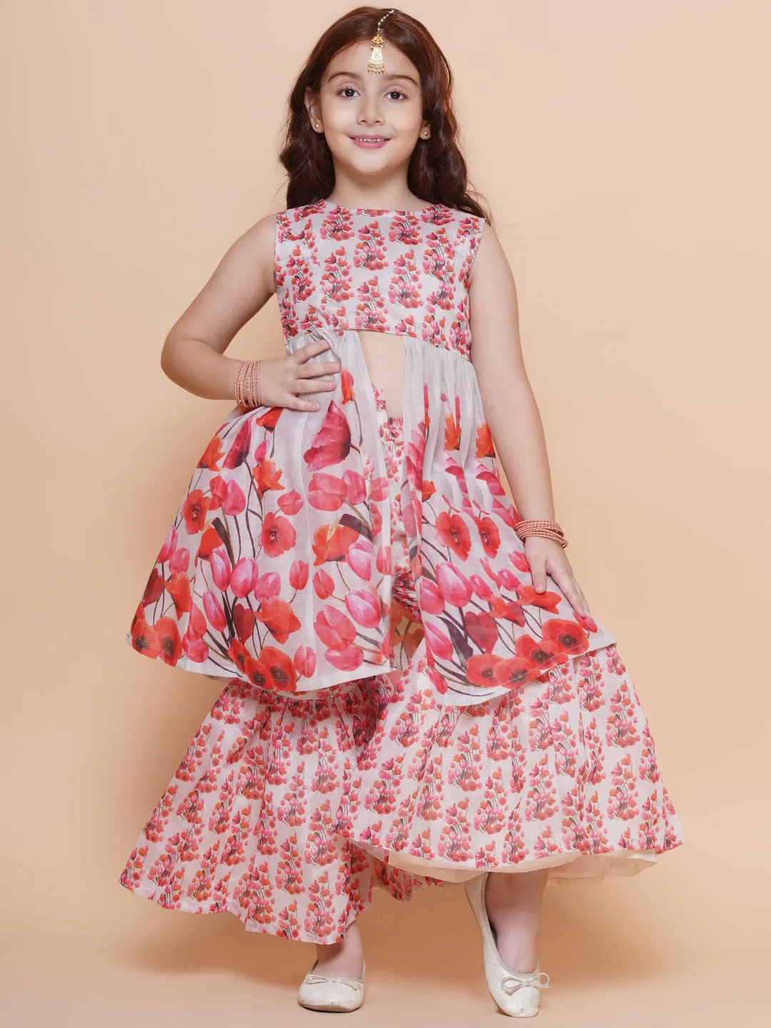 Girls Grey Red Floral Printed Kurta With Sharara