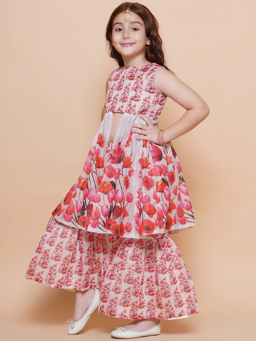 Girls Grey Red Floral Printed Kurta With Sharara