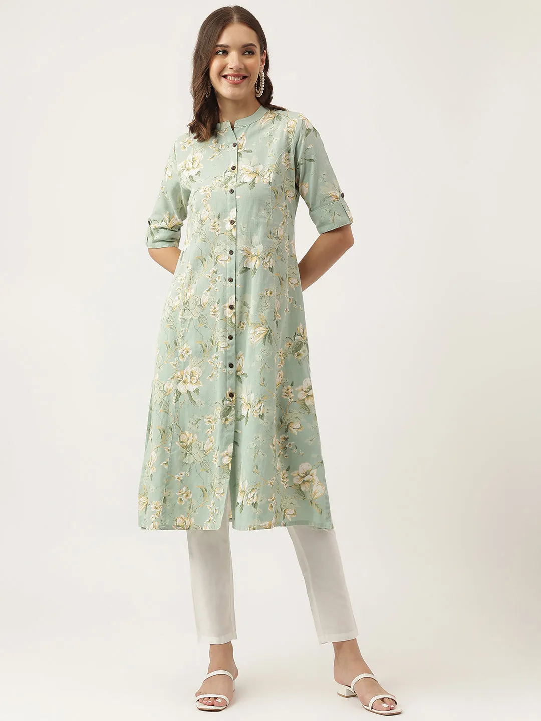 Green Cotton Ethnic Motifs Floral Print Kurta