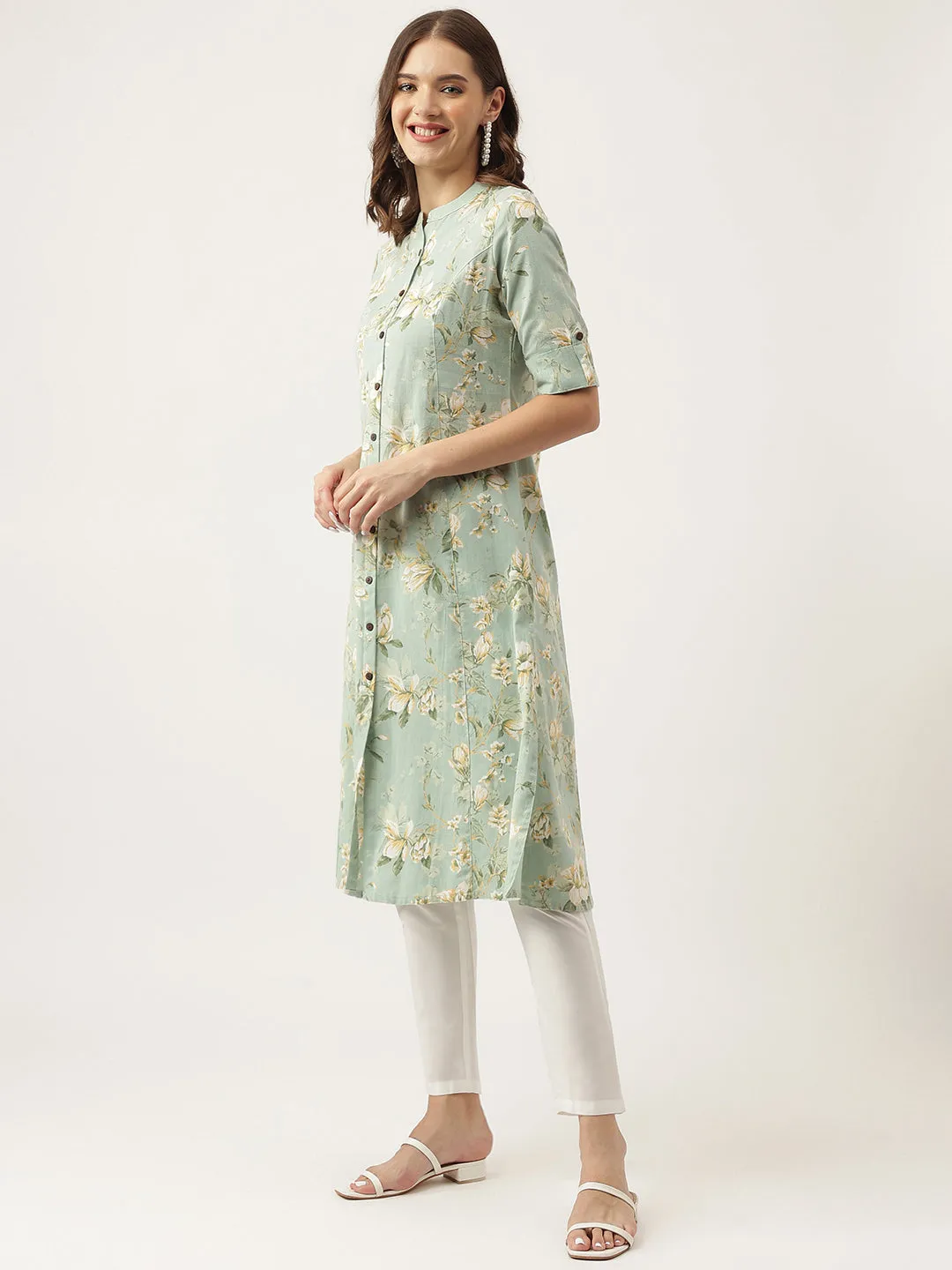 Green Cotton Ethnic Motifs Floral Print Kurta