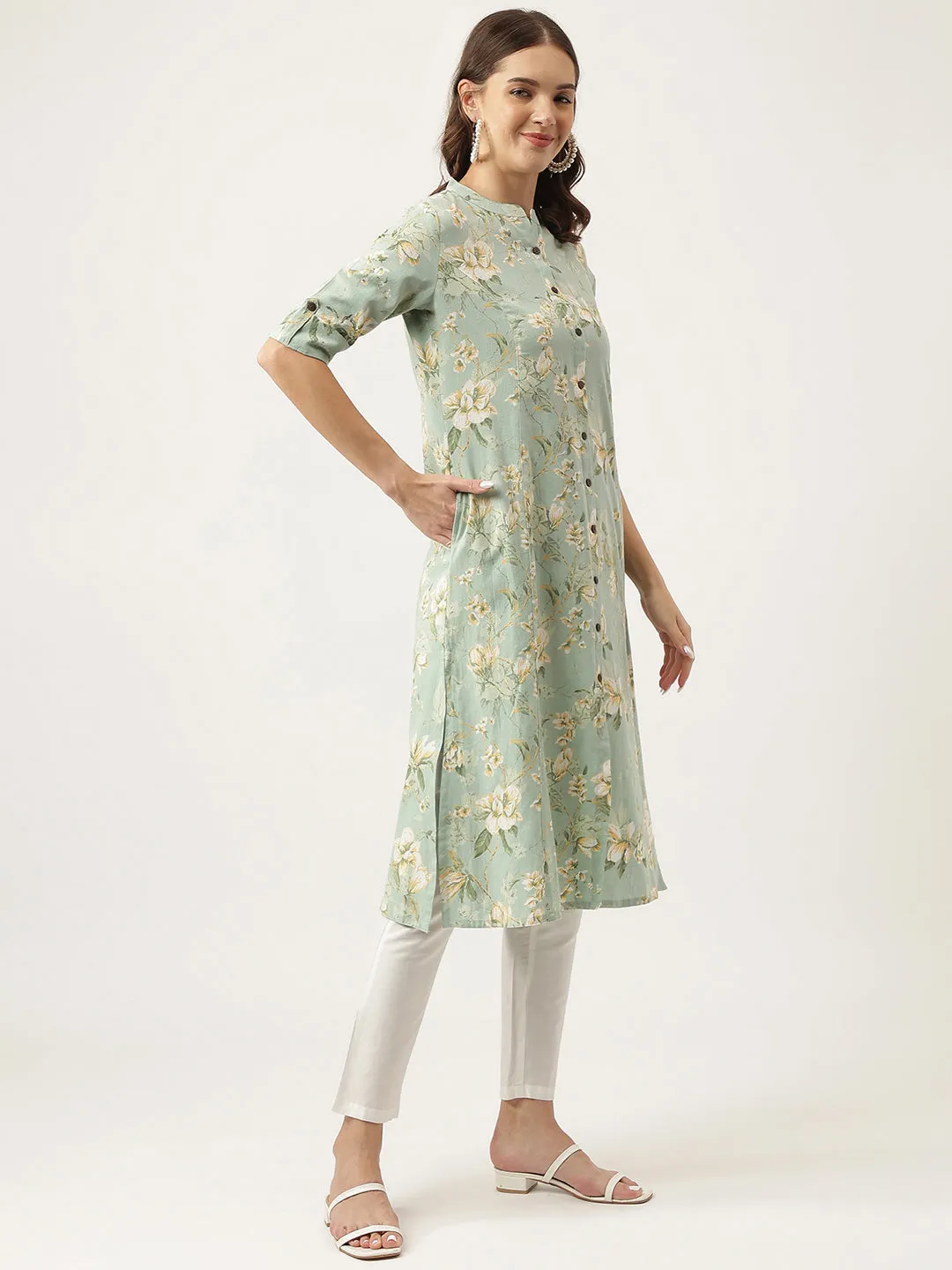 Green Cotton Ethnic Motifs Floral Print Kurta