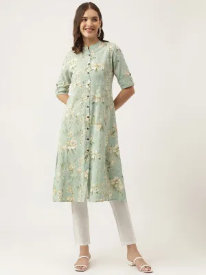 Green Cotton Ethnic Motifs Floral Print Kurta