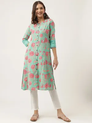 Green Floral Printed Cotton A-Line Kurta