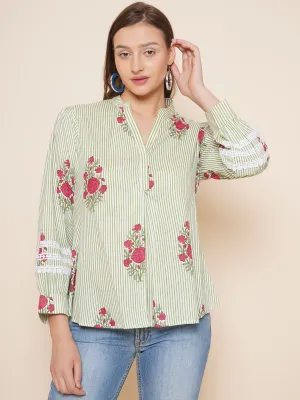 Green Stripe Floral Printed Shirt Style Top