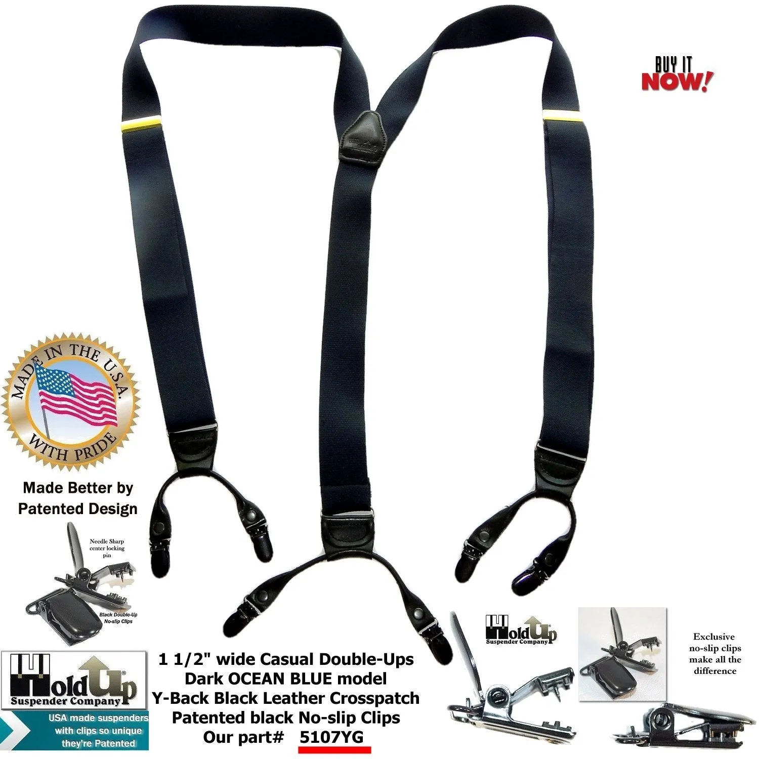 HoldUp Dark Ocean Blue Casual Series Suspenders In Y-back Style And Featuring Black Patented No-slip Clips