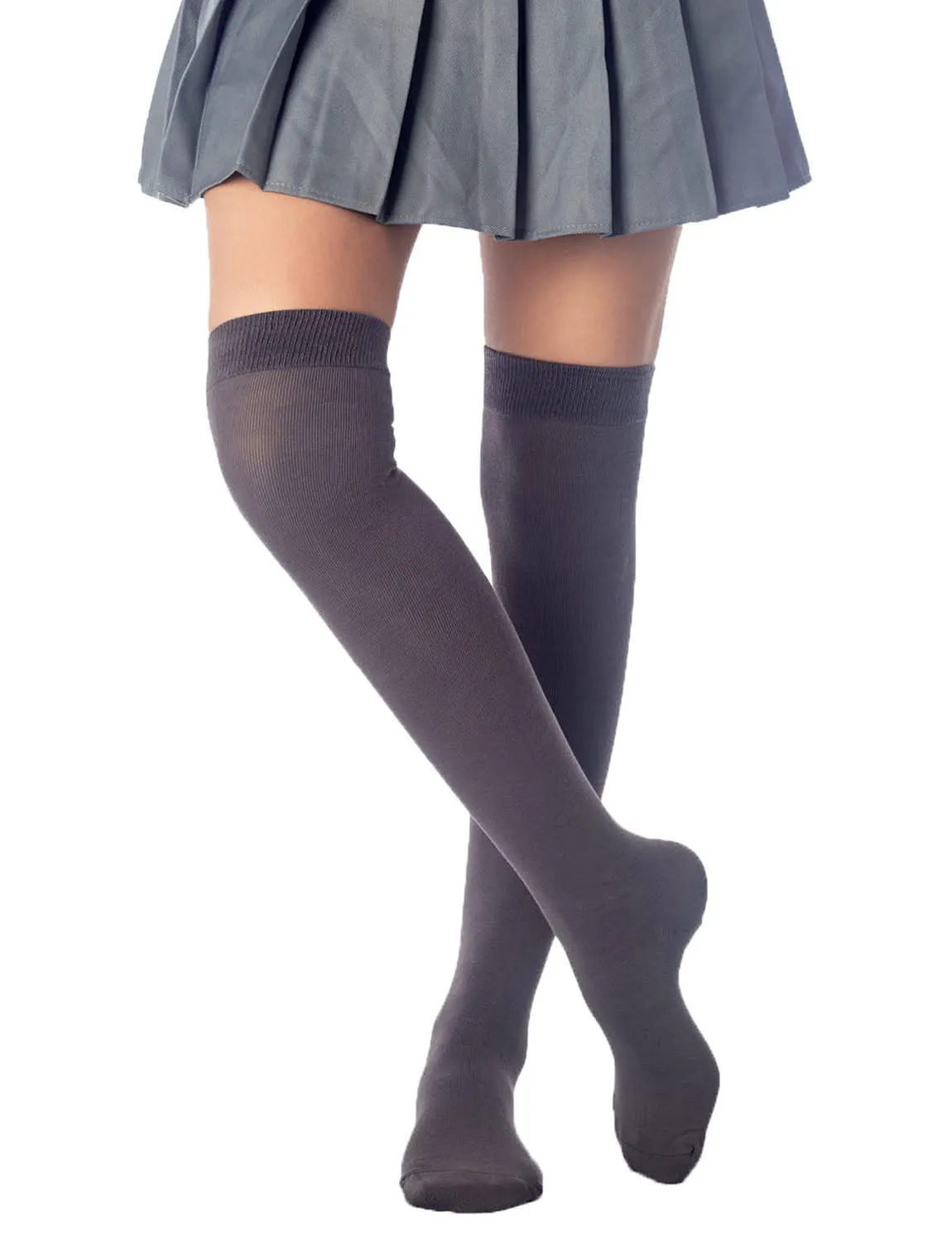 iB-iP Women's Cotton Solid Color Hold-up Thigh High Long Socks