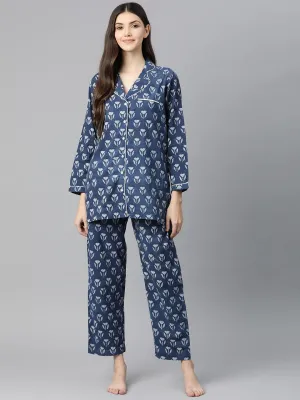 Indigo Hand Block Pure Cotton Night Suit