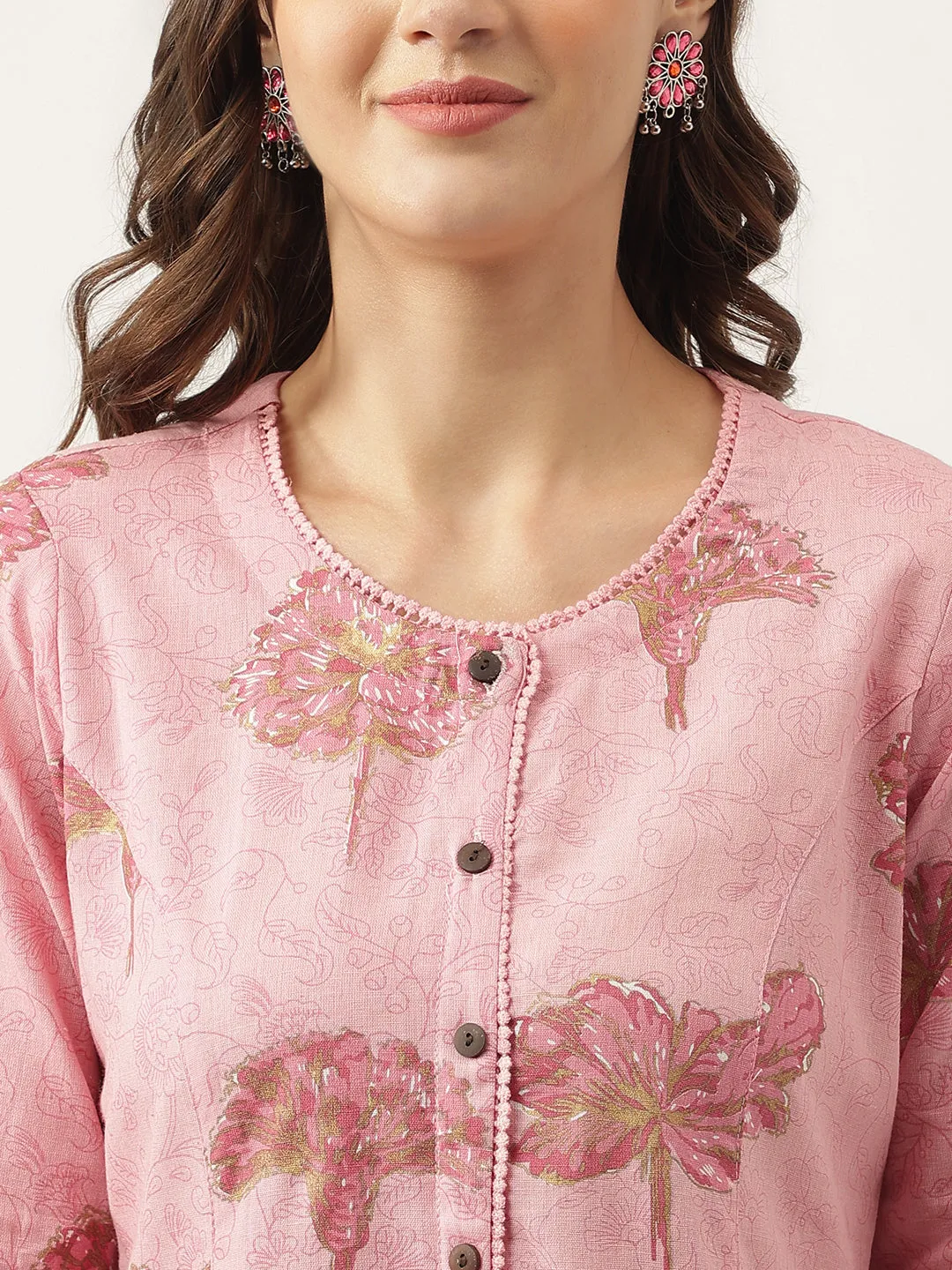 Magenta Floral Printed Cotton A-Line Kurta