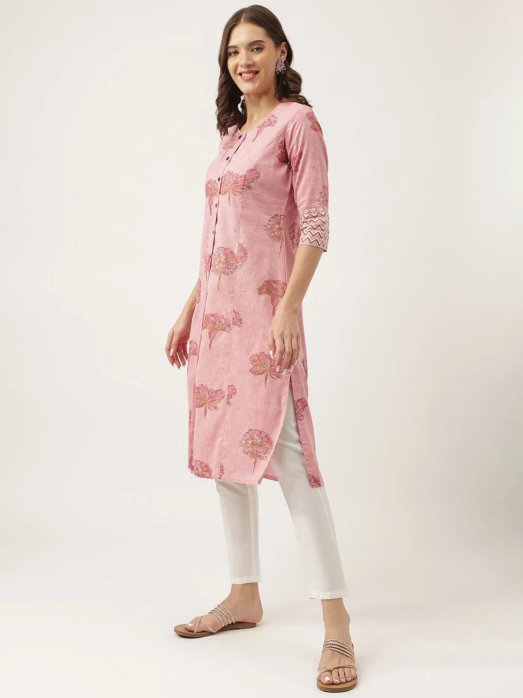 Magenta Floral Printed Cotton A-Line Kurta