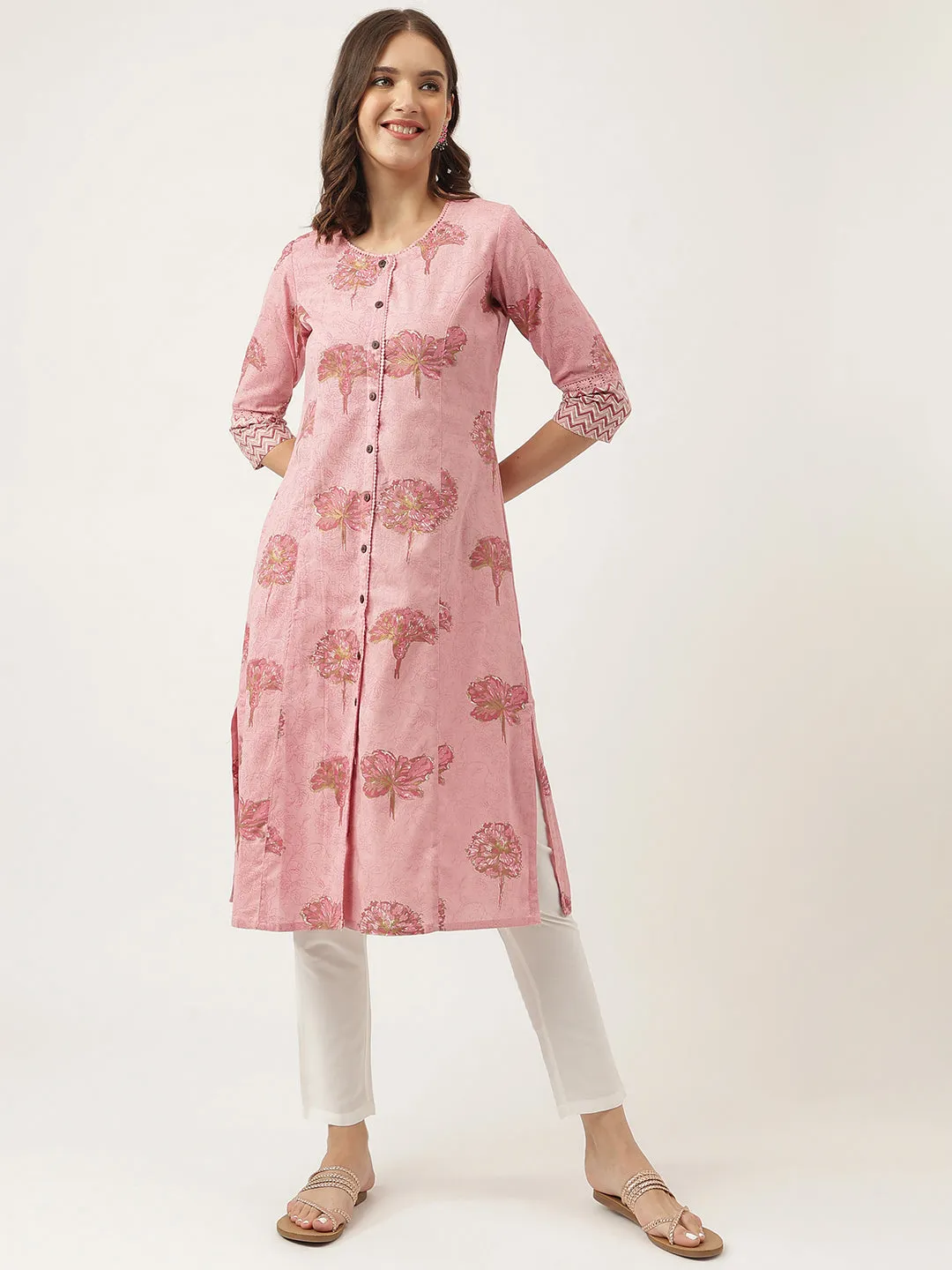 Magenta Floral Printed Cotton A-Line Kurta