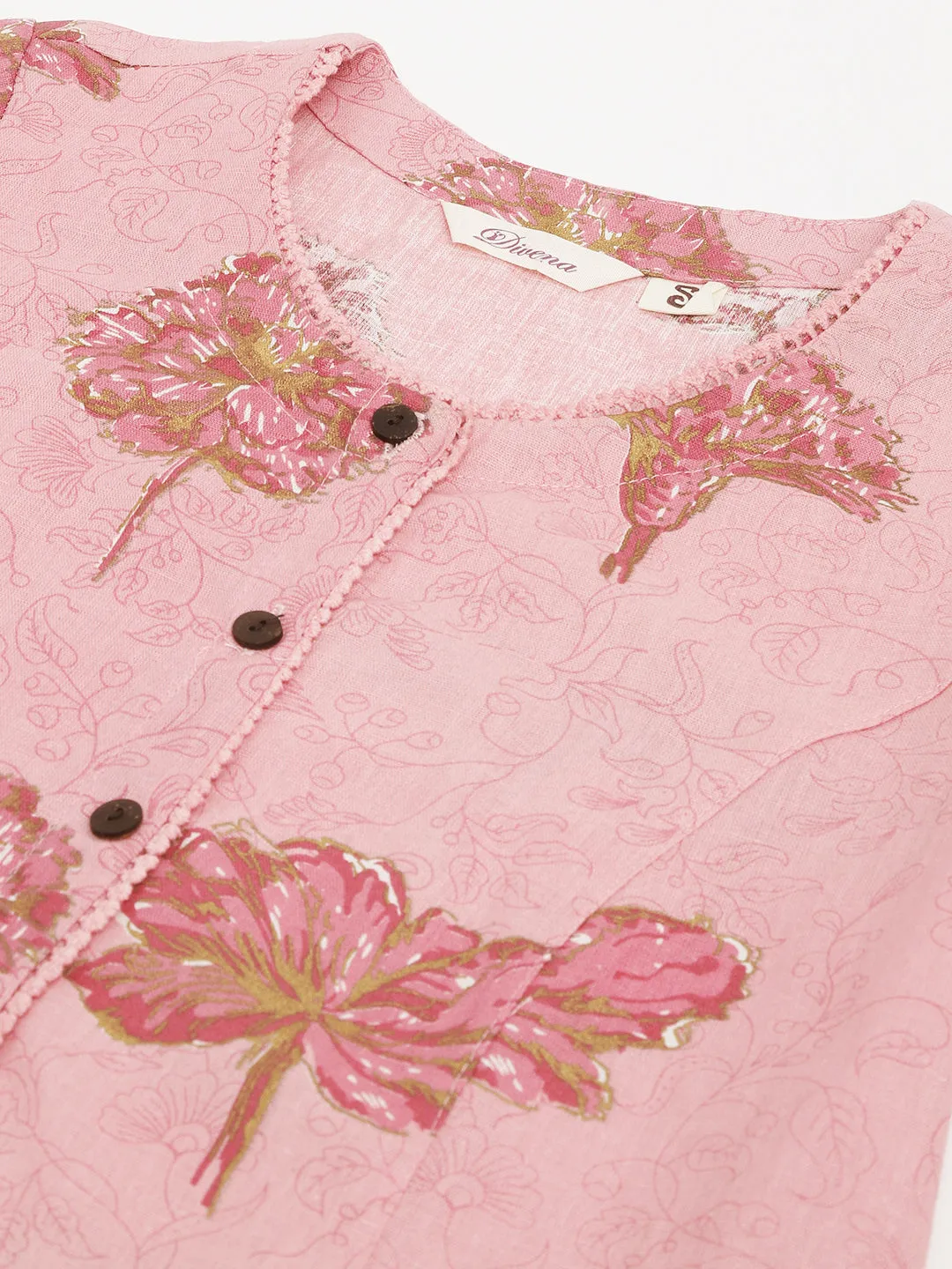 Magenta Floral Printed Cotton A-Line Kurta