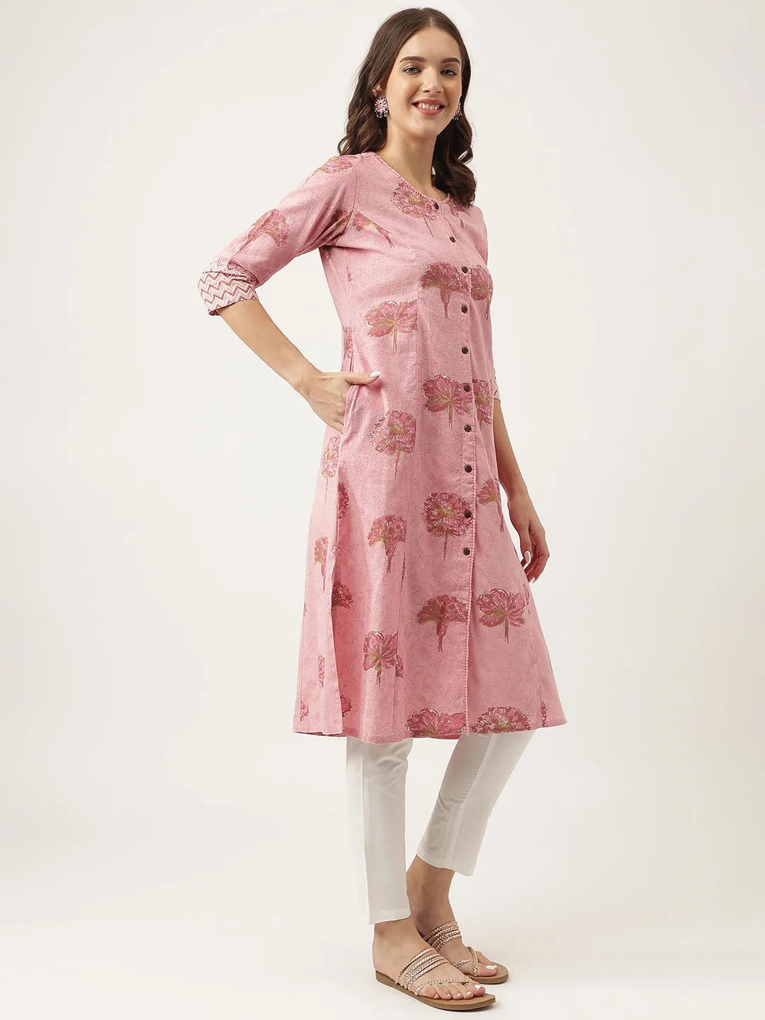 Magenta Floral Printed Cotton A-Line Kurta