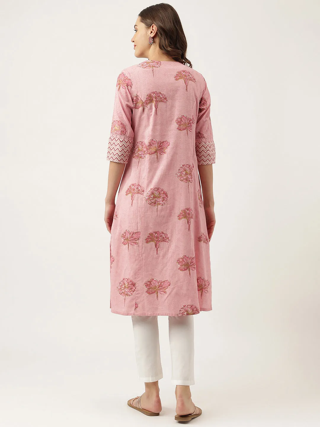 Magenta Floral Printed Cotton A-Line Kurta