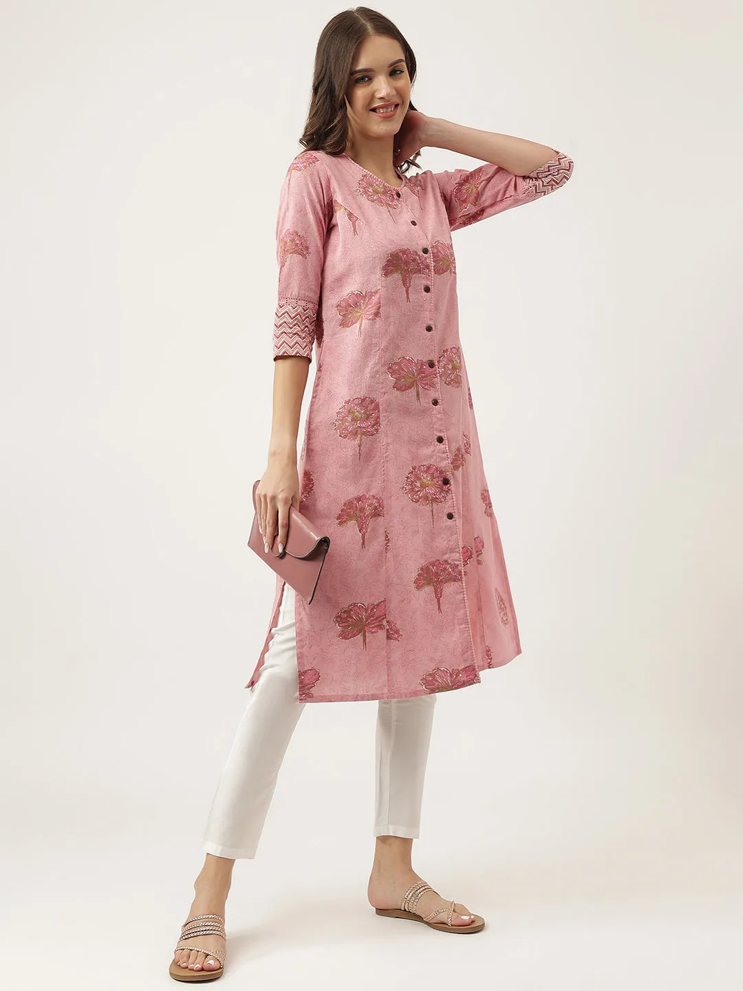 Magenta Floral Printed Cotton A-Line Kurta