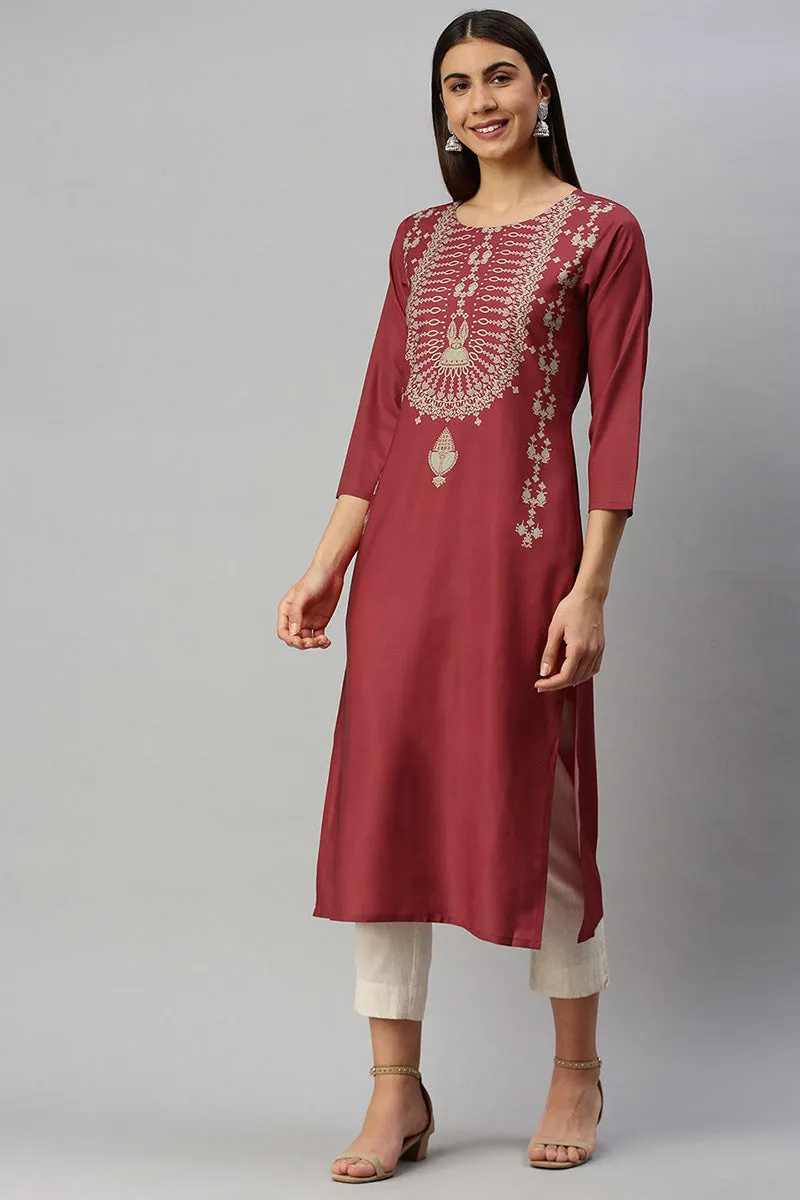 Maroon Polyester Digital Print Straight Kurta