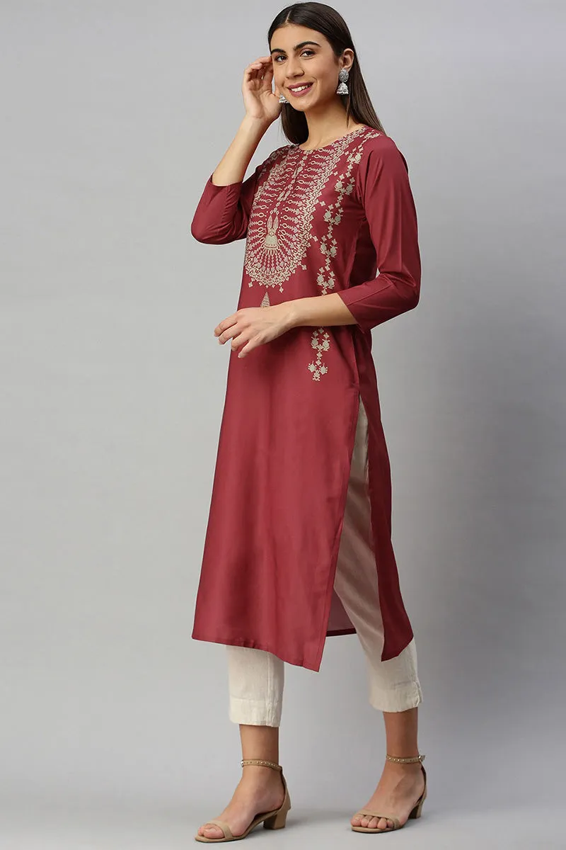 Maroon Polyester Digital Print Straight Kurta