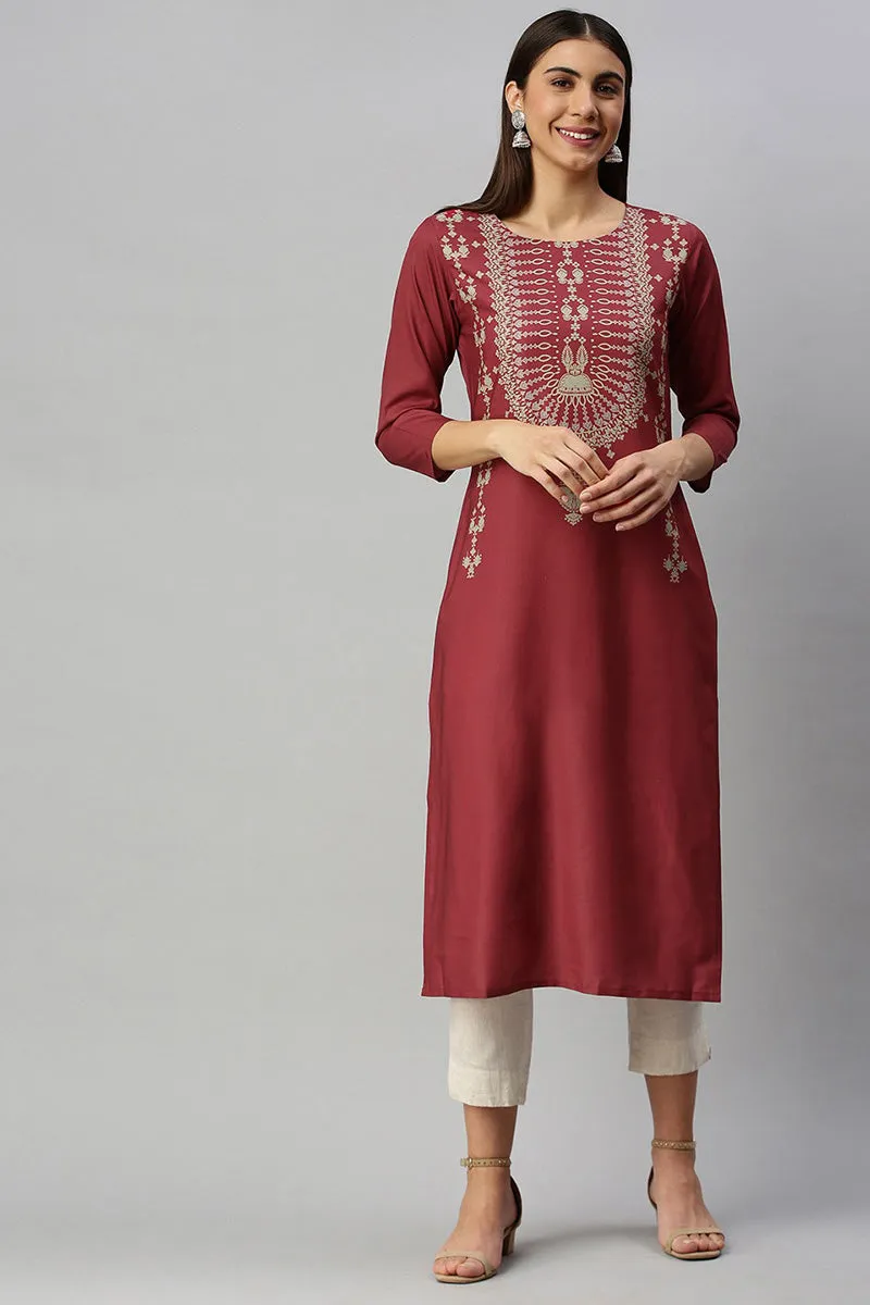 Maroon Polyester Digital Print Straight Kurta